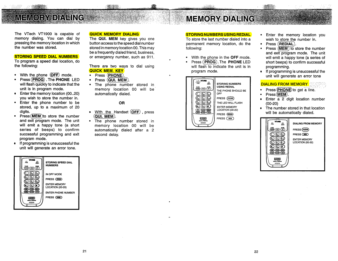 VTech VT 1900 manual Quick MEM. KEY 