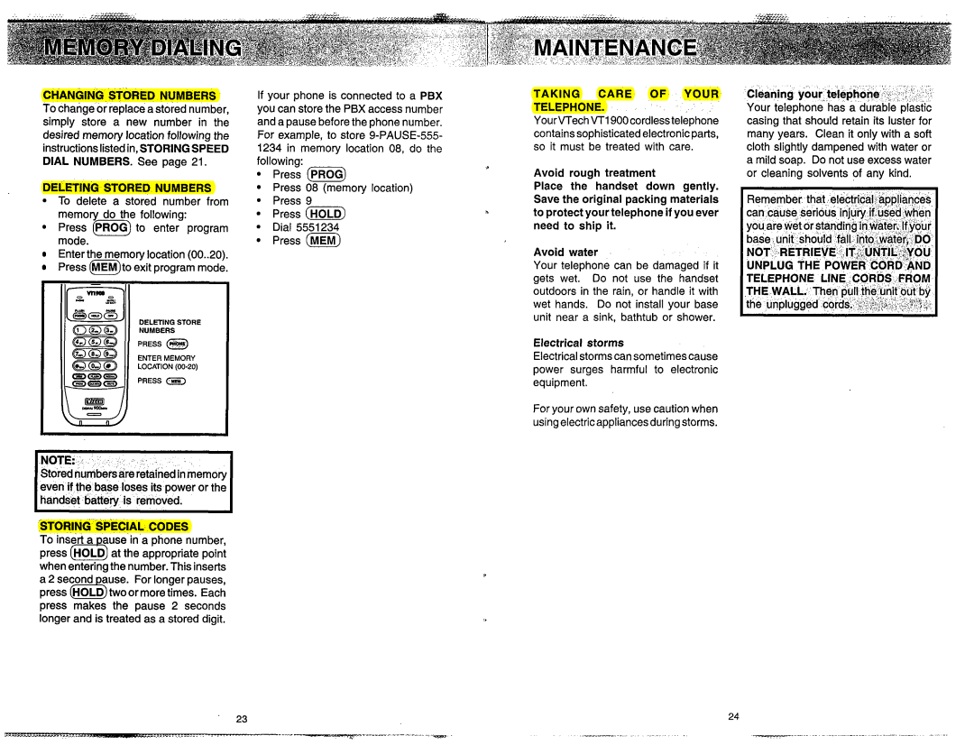 VTech VT 1900 manual Deleting Stored Numbers, Taking Care of Your Telephone, Storing Special Codes 