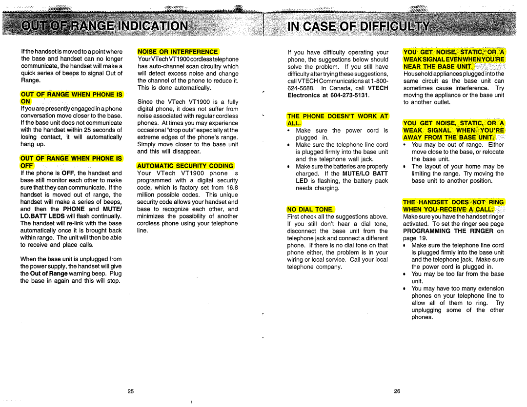 VTech VT 1900 manual OUT of Range When Phone is OFF, Noise or Interference, Automatic Security Coding, No Dial Tone 