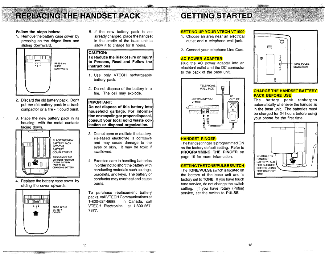 VTech VT 1900 manual AC Power Adapter, Handset Ringer, Pack Before USE 