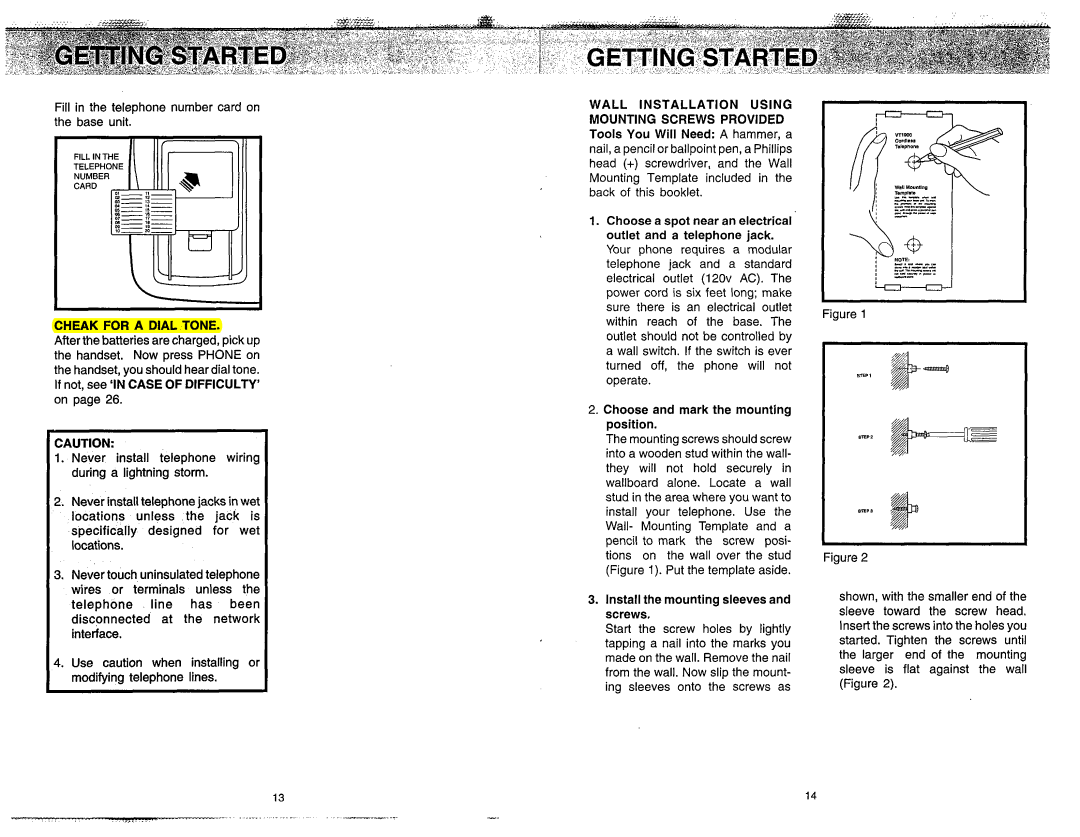 VTech VT 1900 manual Fill in the telephone number card on the base unit, Cheak for a Dial Tone 