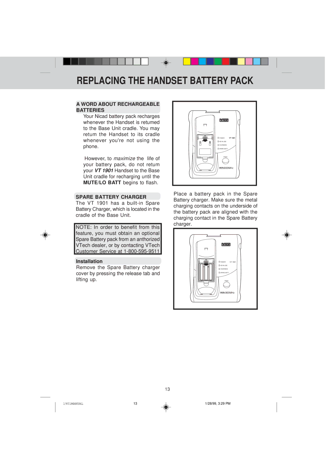 VTech VT 1901 manual Word about Rechargeable Batteries, Spare Battery Charger, Installation 