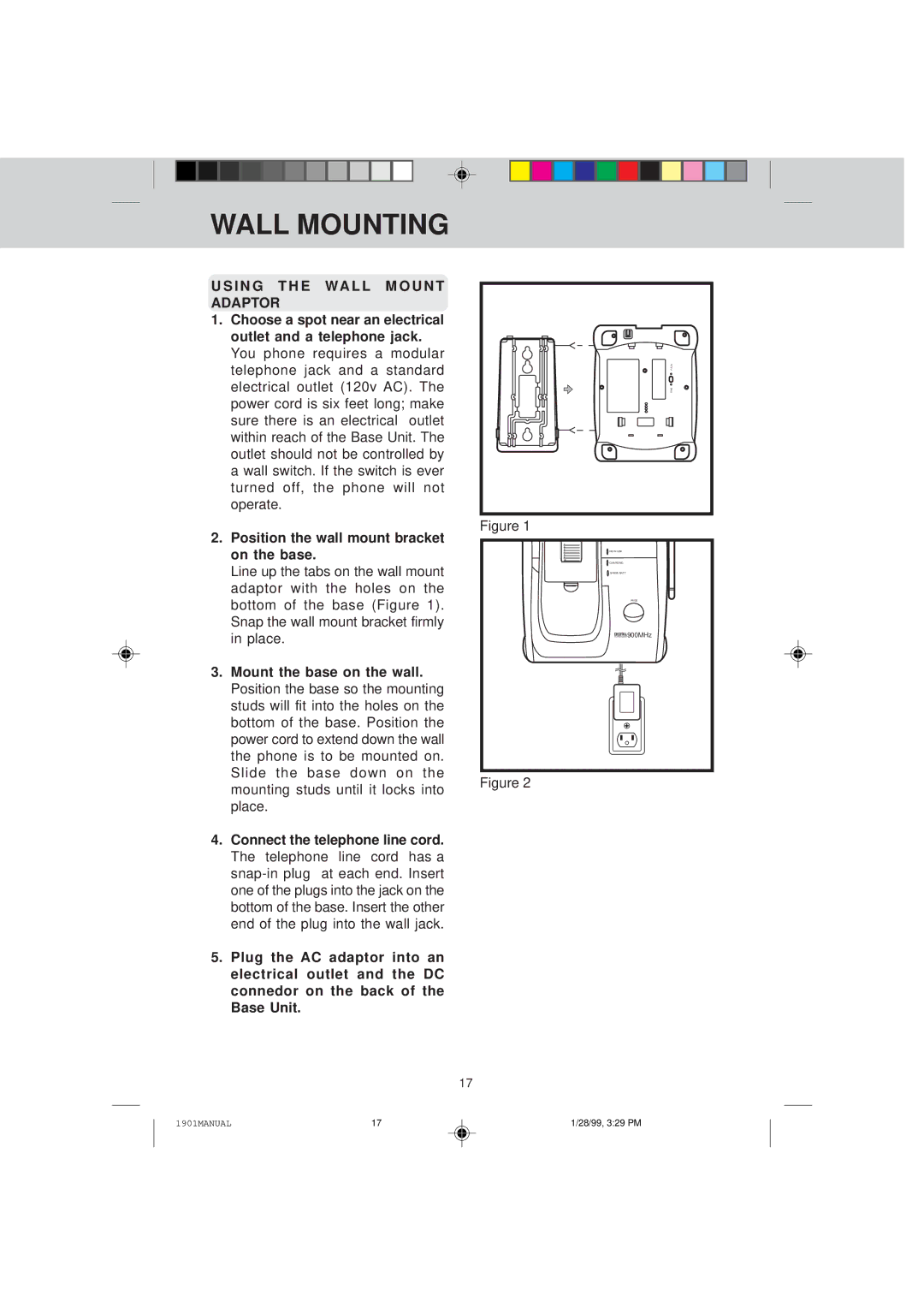 VTech VT 1901 manual Wall Mounting, I N G T H E WA L L M O U N T Adaptor 