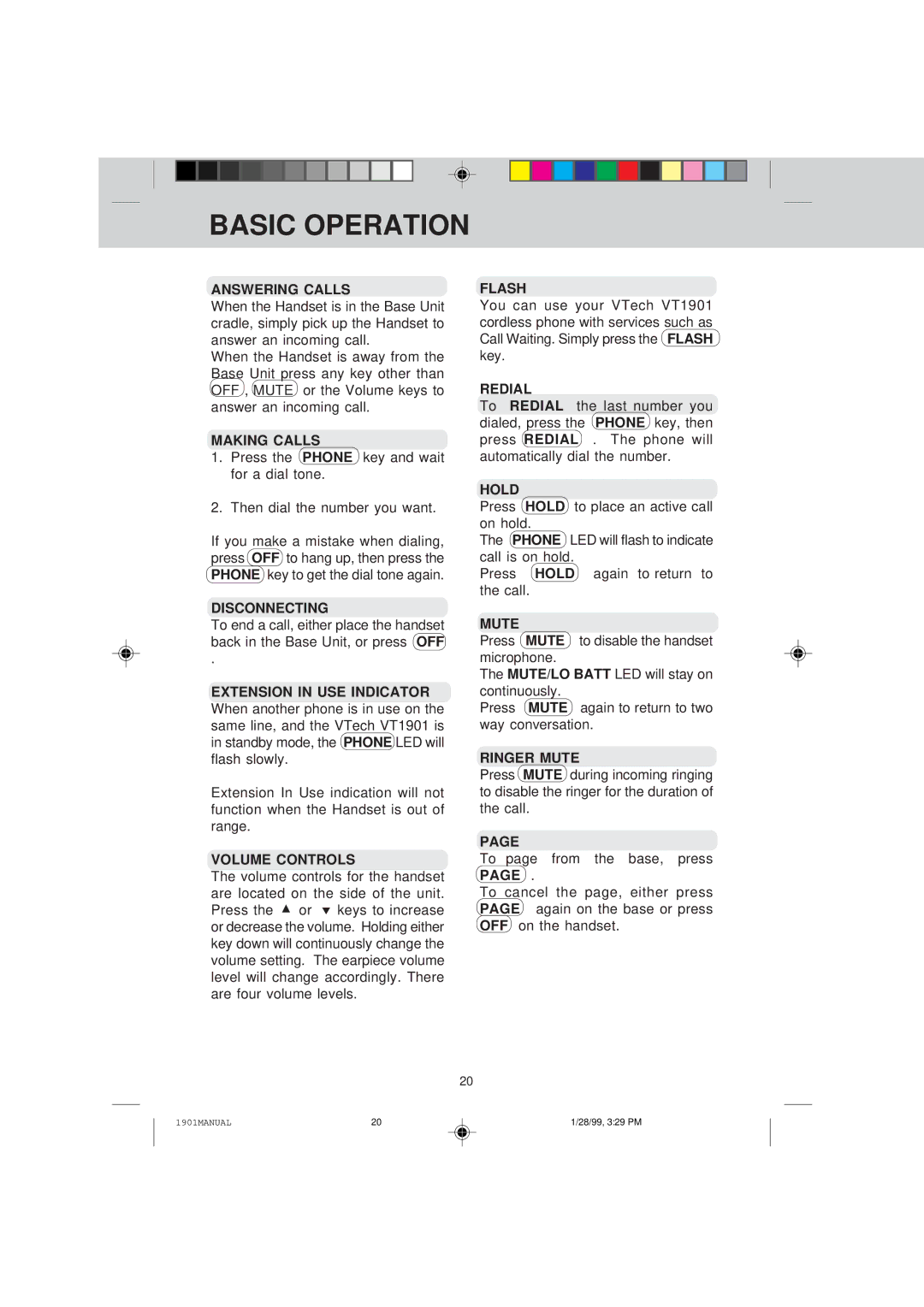 VTech VT 1901 manual Basic Operation 