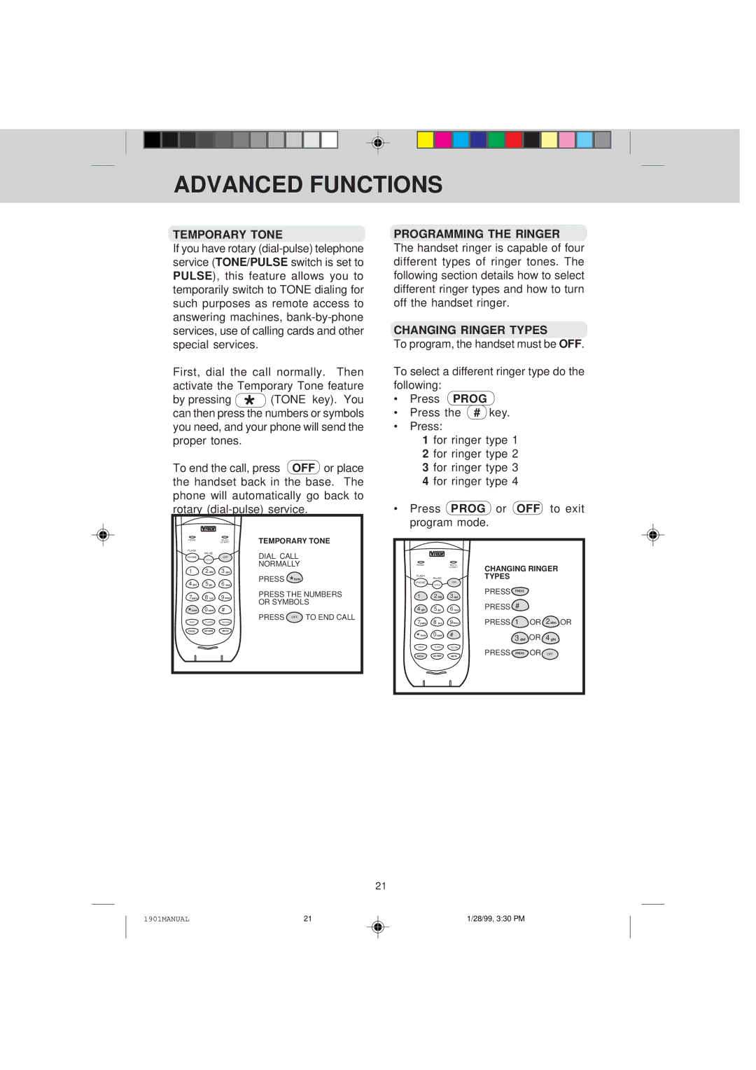 VTech VT 1901 manual Advanced Functions, Temporary Tone, Changing Ringer Types 