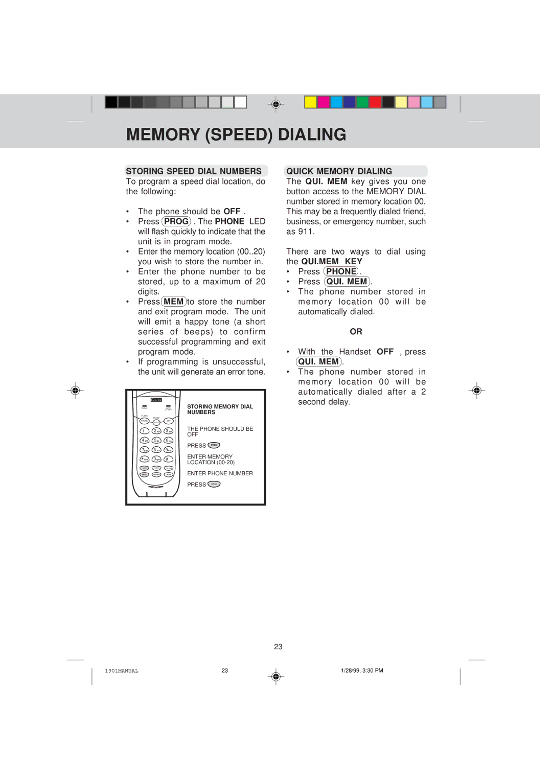 VTech VT 1901 manual Memory Speed Dialing, Storing Memory Dial, Numbers 