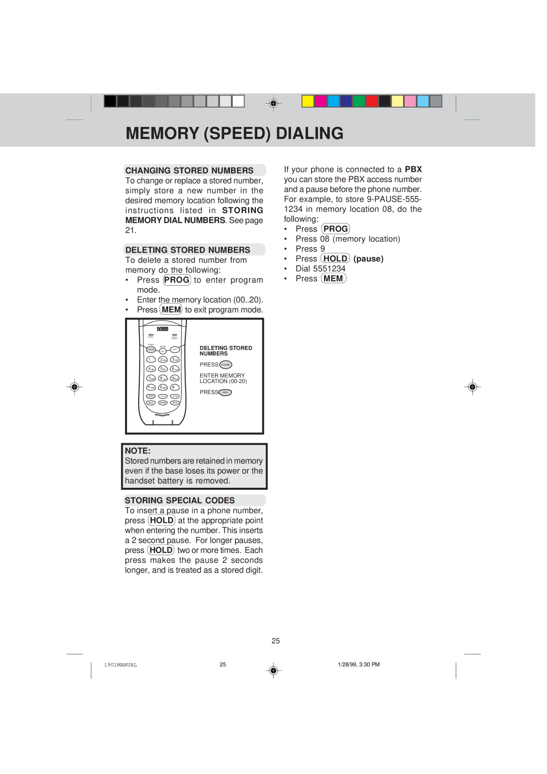 VTech VT 1901 manual Press Hold pause, Storing Special Codes, Deleting Stored 