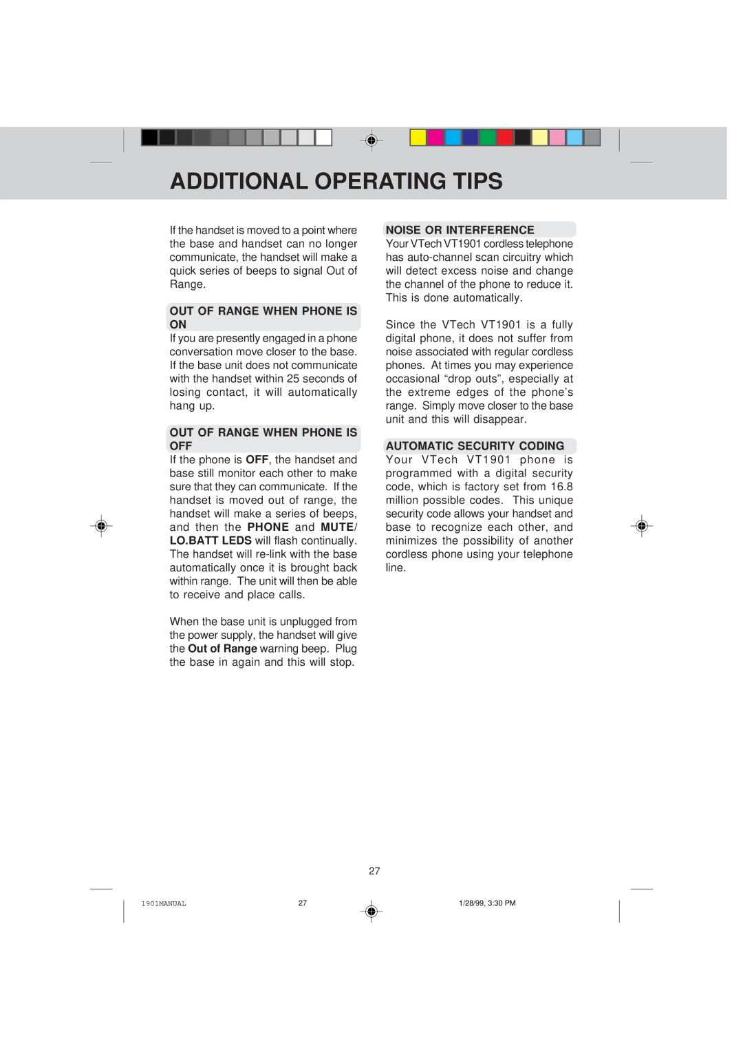 VTech VT 1901 manual Additional Operating Tips, OUT of Range When Phone is on, OUT of Range When Phone is OFF 