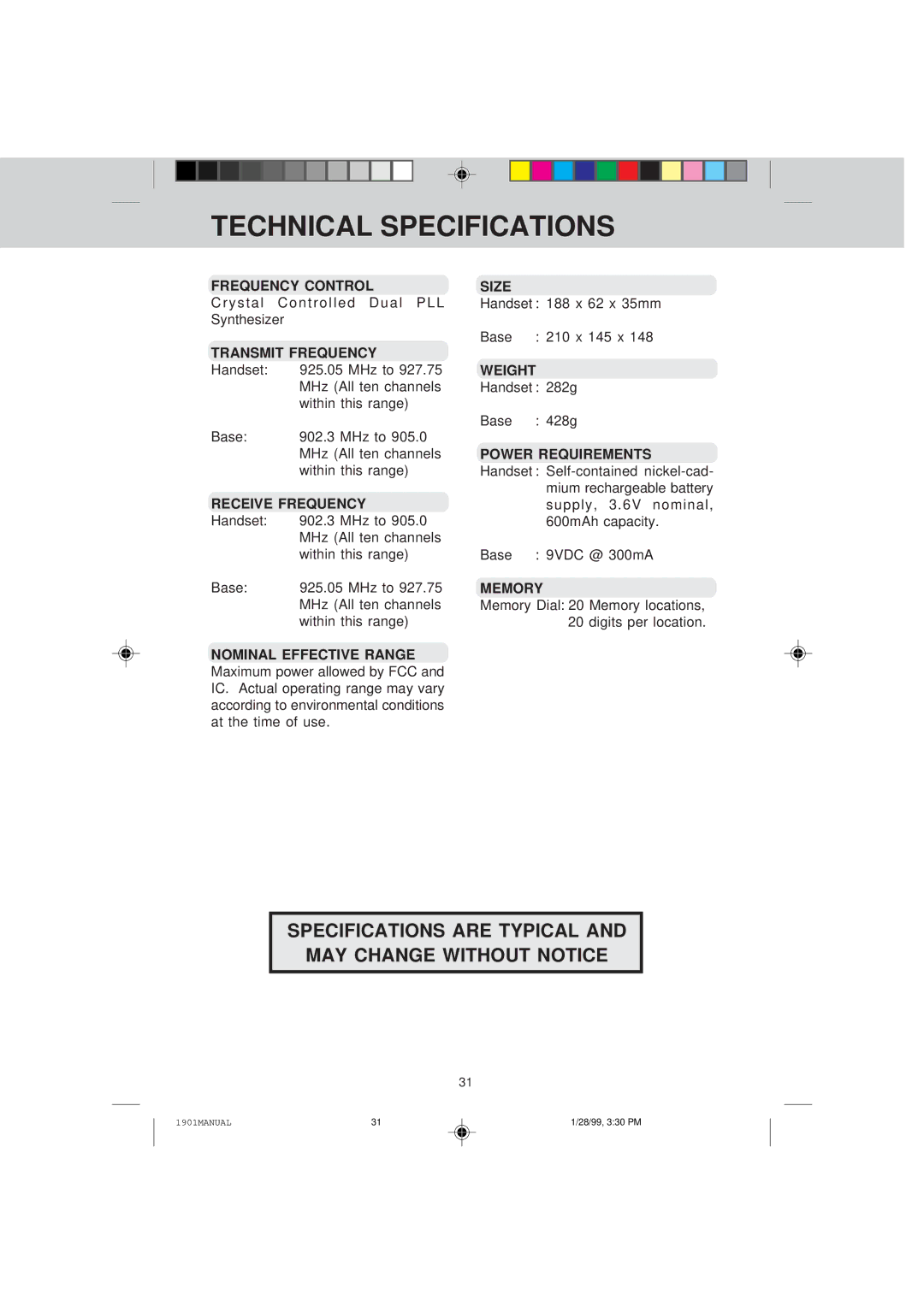 VTech VT 1901 manual Technical Specifications 