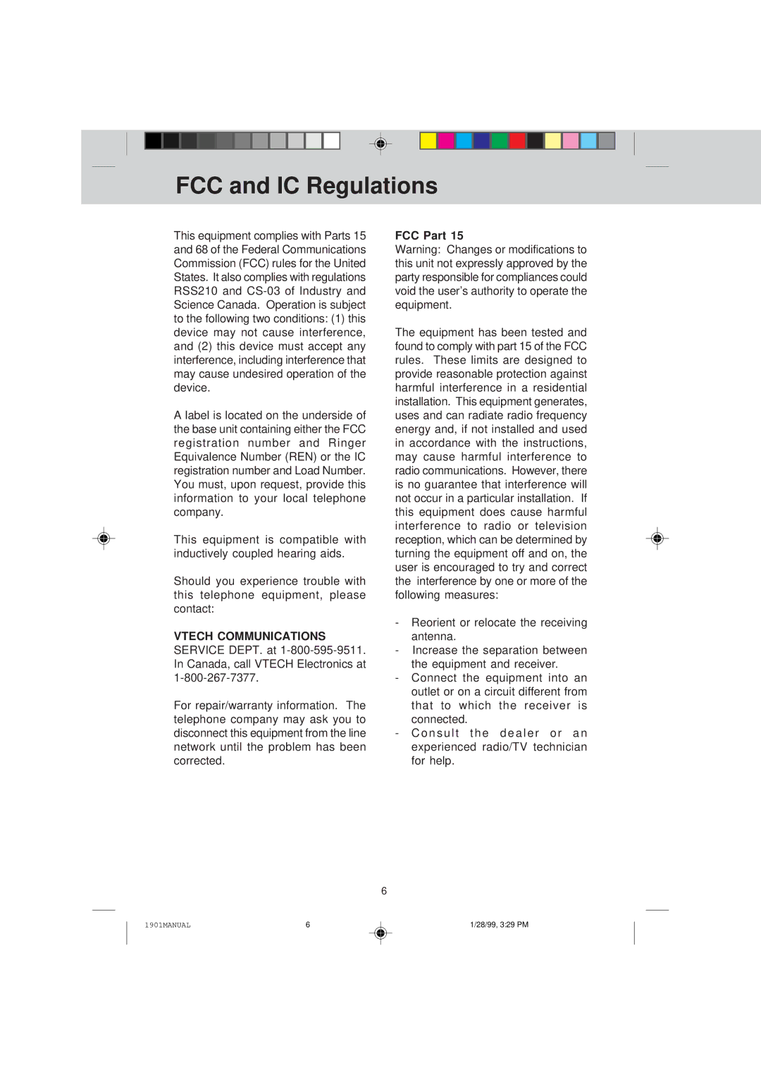 VTech VT 1901 manual FCC and IC Regulations, FCC Part 