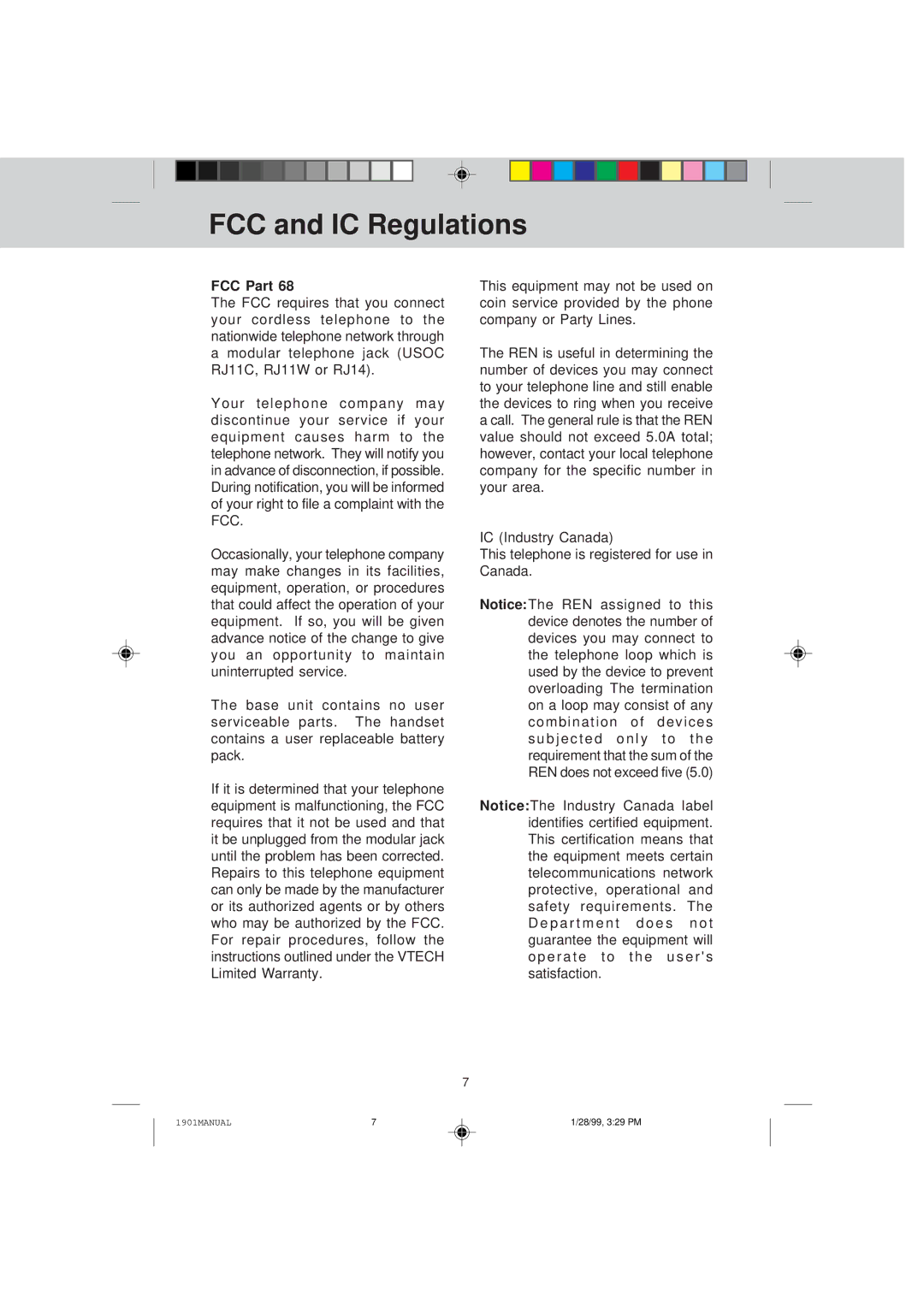 VTech VT 1901 manual FCC and IC Regulations 