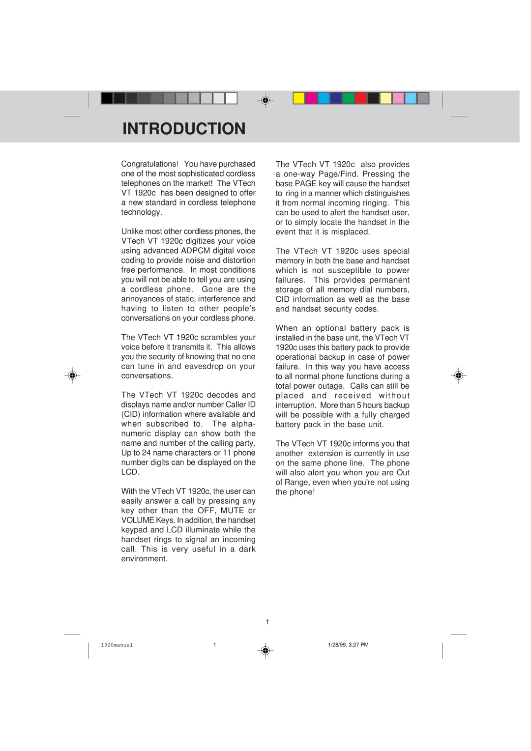 VTech VT 1920C manual Introduction 