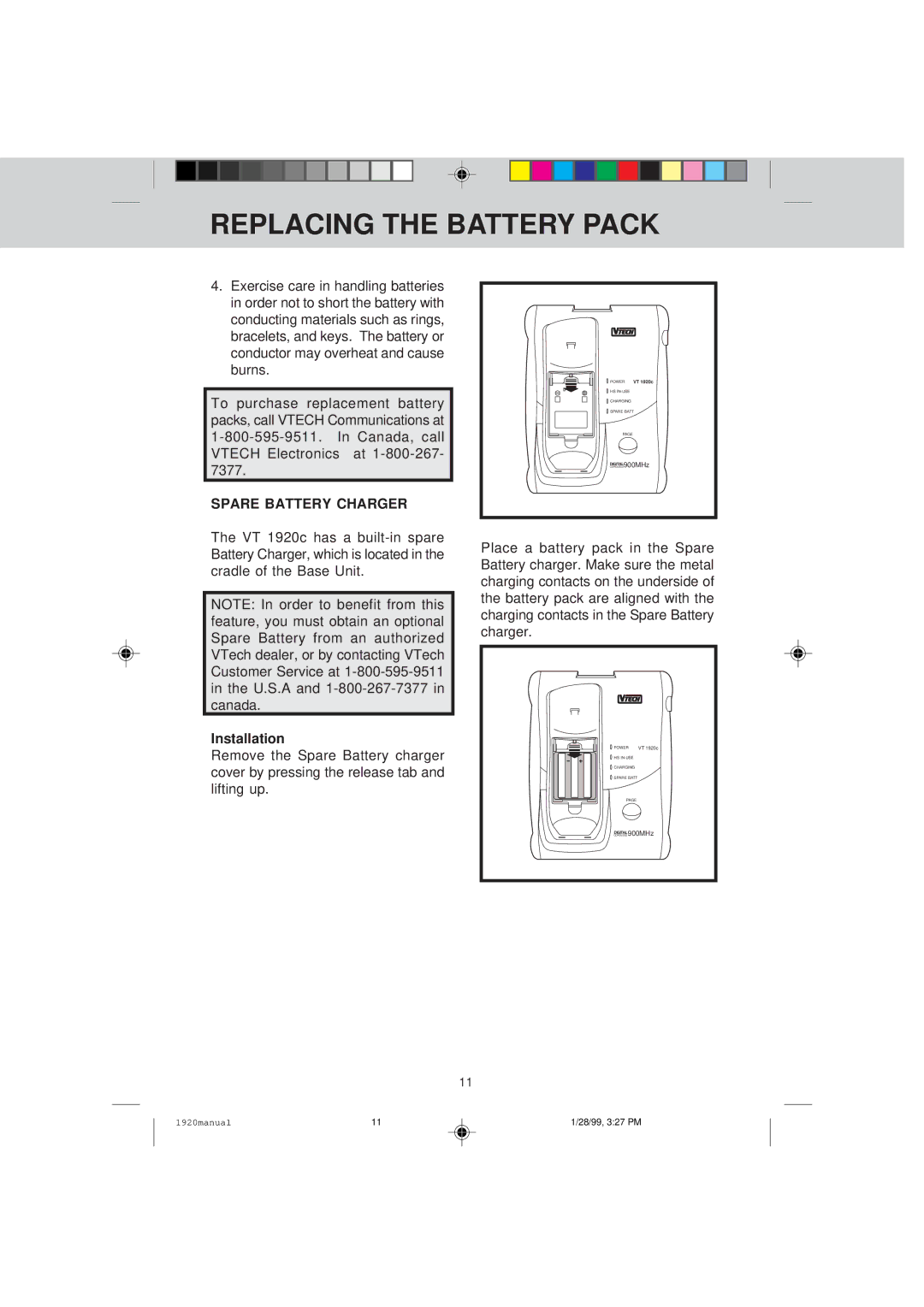 VTech VT 1920C manual Spare Battery Charger, Installation 