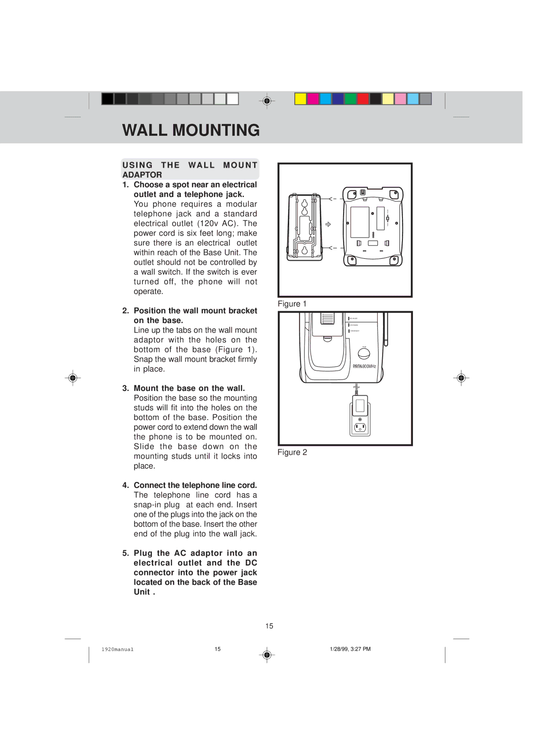 VTech VT 1920C manual Wall Mounting, I N G T H E WA L L M O U N T Adaptor 