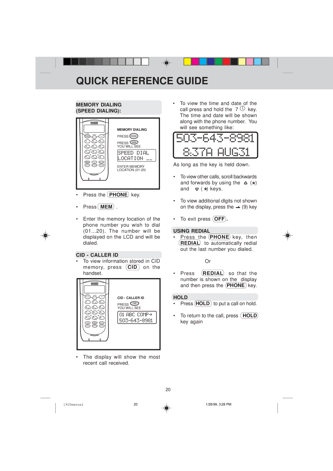 VTech VT 1920C manual Memory Dialing Speed Dialing, CID Caller ID, Using Redial, Hold 