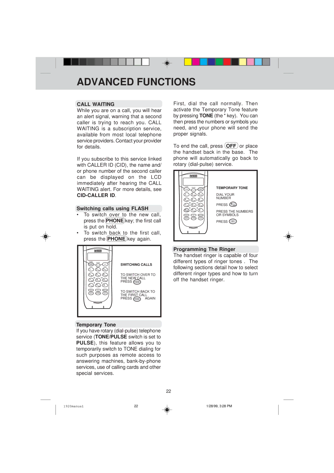 VTech VT 1920C manual Advanced Functions, Call Waiting, Cid-Caller Id 