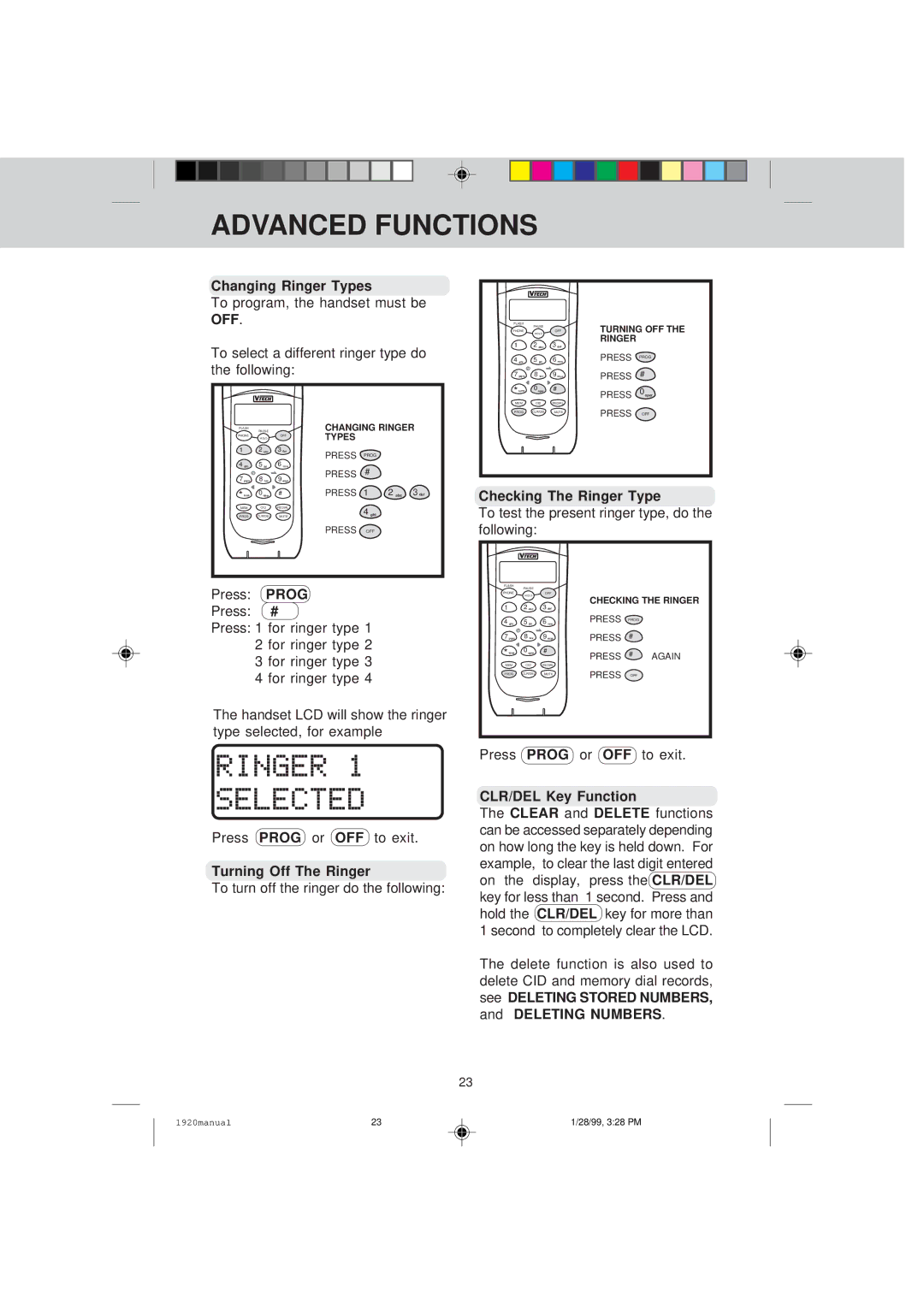 VTech VT 1920C manual Changing Ringer Types, Checking The Ringer Type, Turning Off The Ringer, CLR/DEL Key Function 