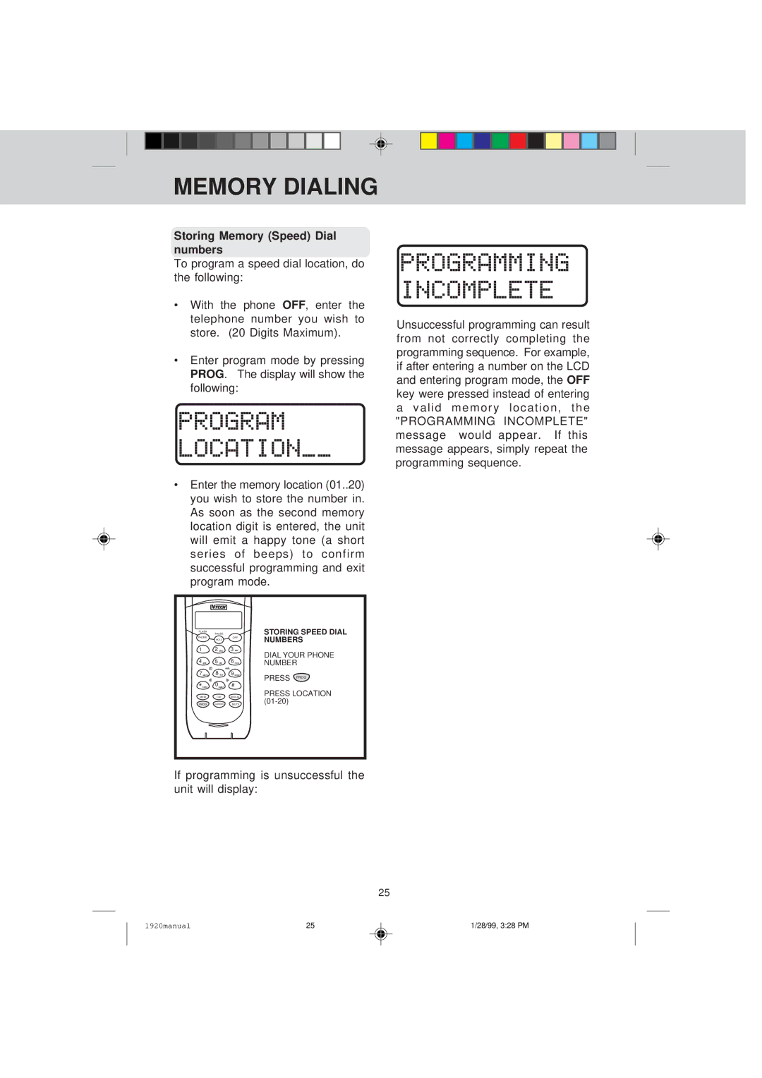 VTech VT 1920C manual Memory Dialing, Storing Memory Speed Dial numbers 