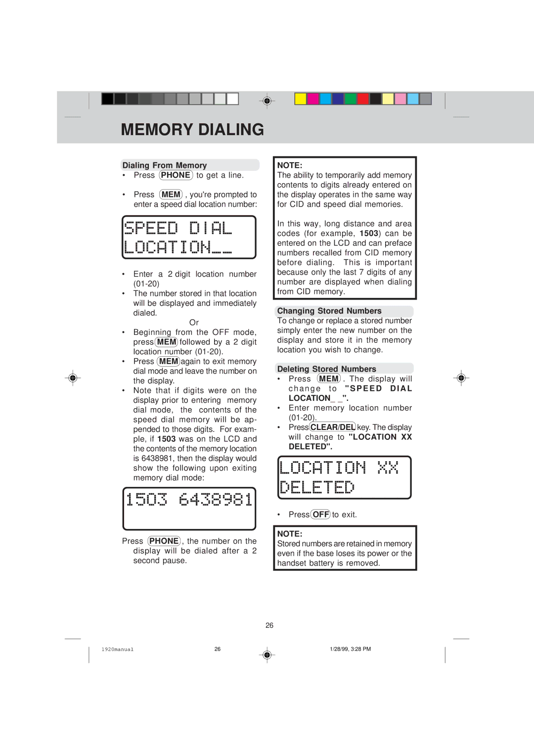 VTech VT 1920C manual Dialing From Memory, Changing Stored Numbers, Deleting Stored Numbers, Deleted 