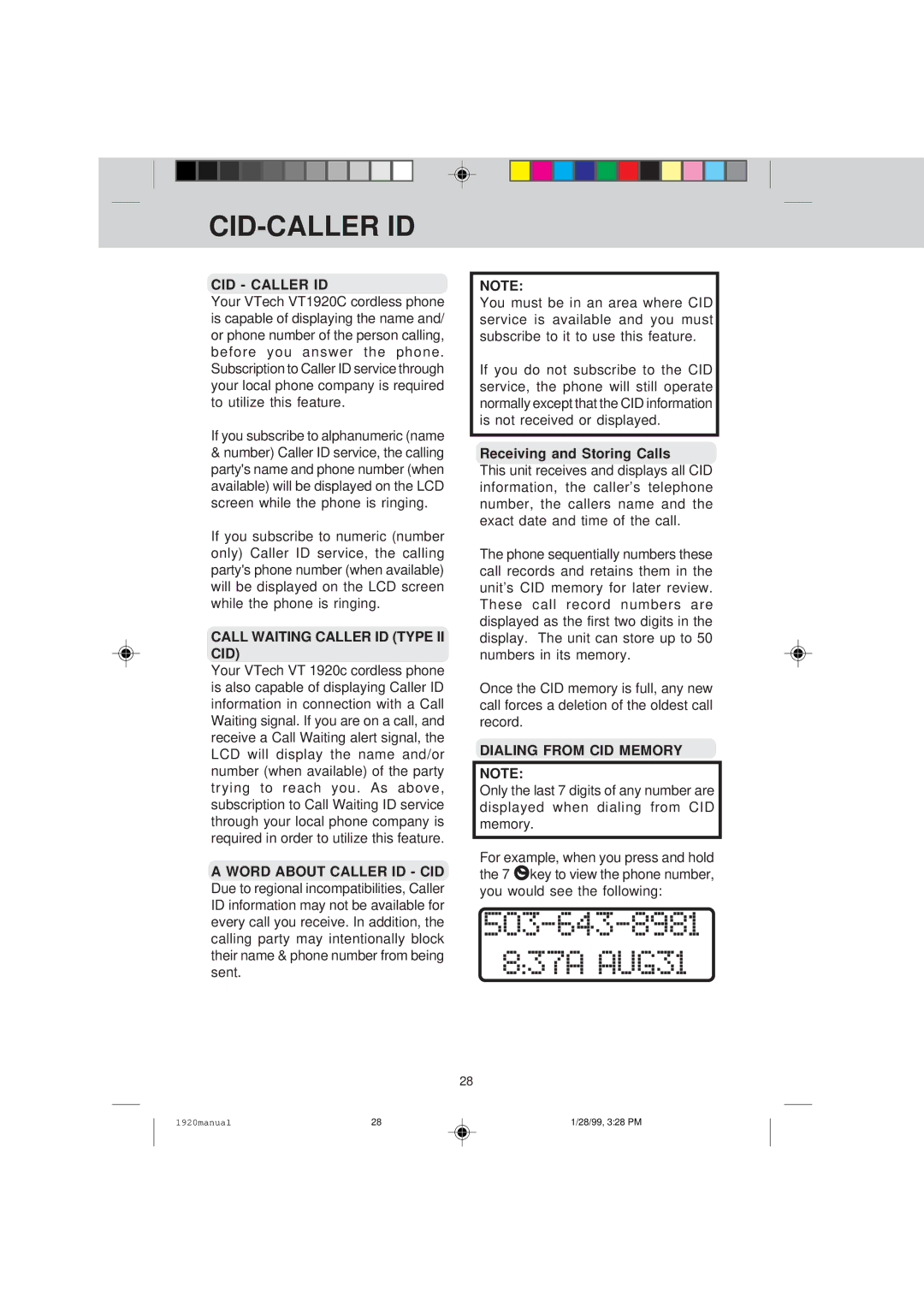 VTech VT 1920C Cid-Caller Id, Call Waiting Caller ID Type II CID, Receiving and Storing Calls, Dialing from CID Memory 
