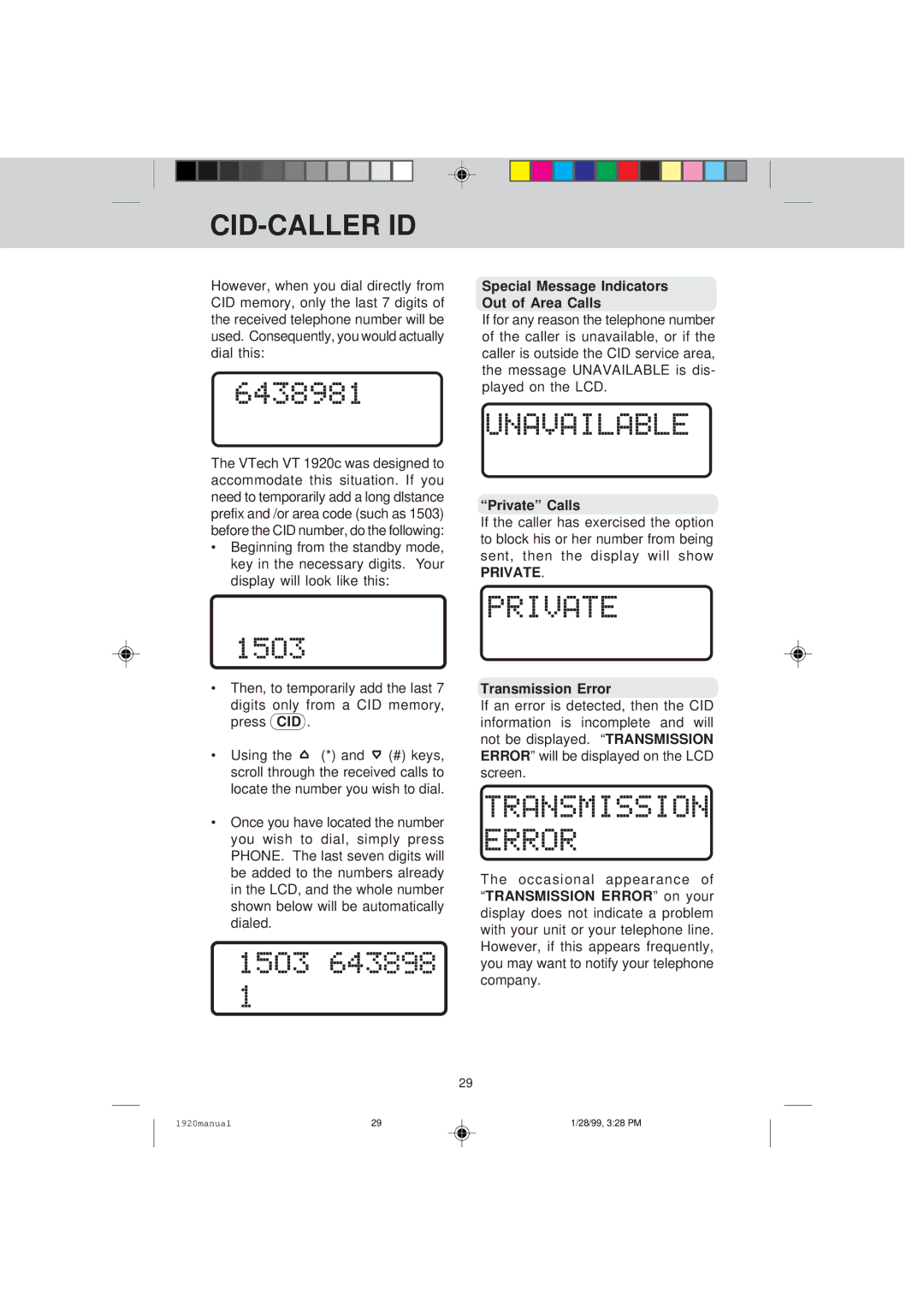 VTech VT 1920C manual Special Message Indicators Out of Area Calls, Private Calls, Transmission Error 