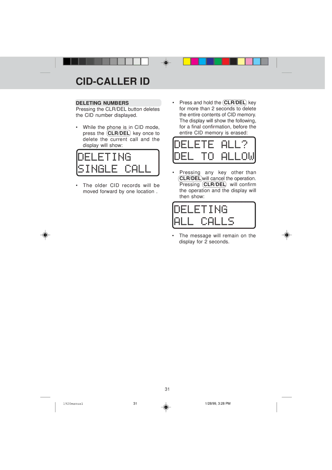 VTech VT 1920C manual Deleting Numbers 