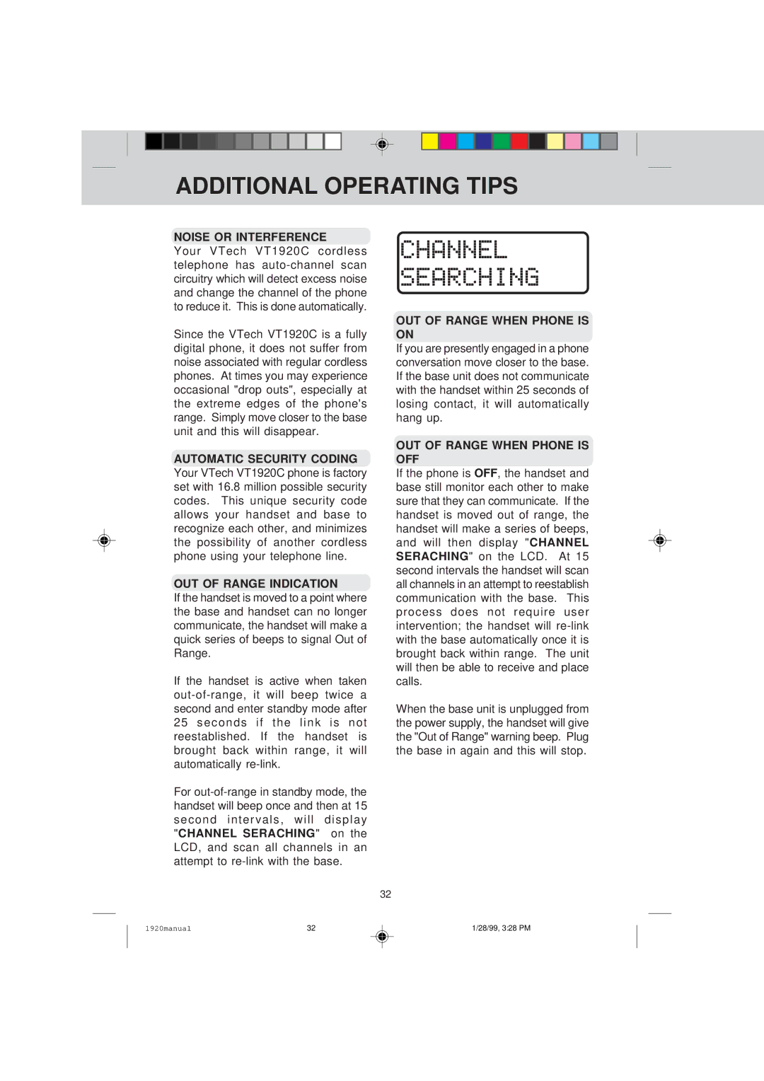 VTech VT 1920C Additional Operating Tips, Noise or Interference, OUT of Range Indication, OUT of Range When Phone is on 