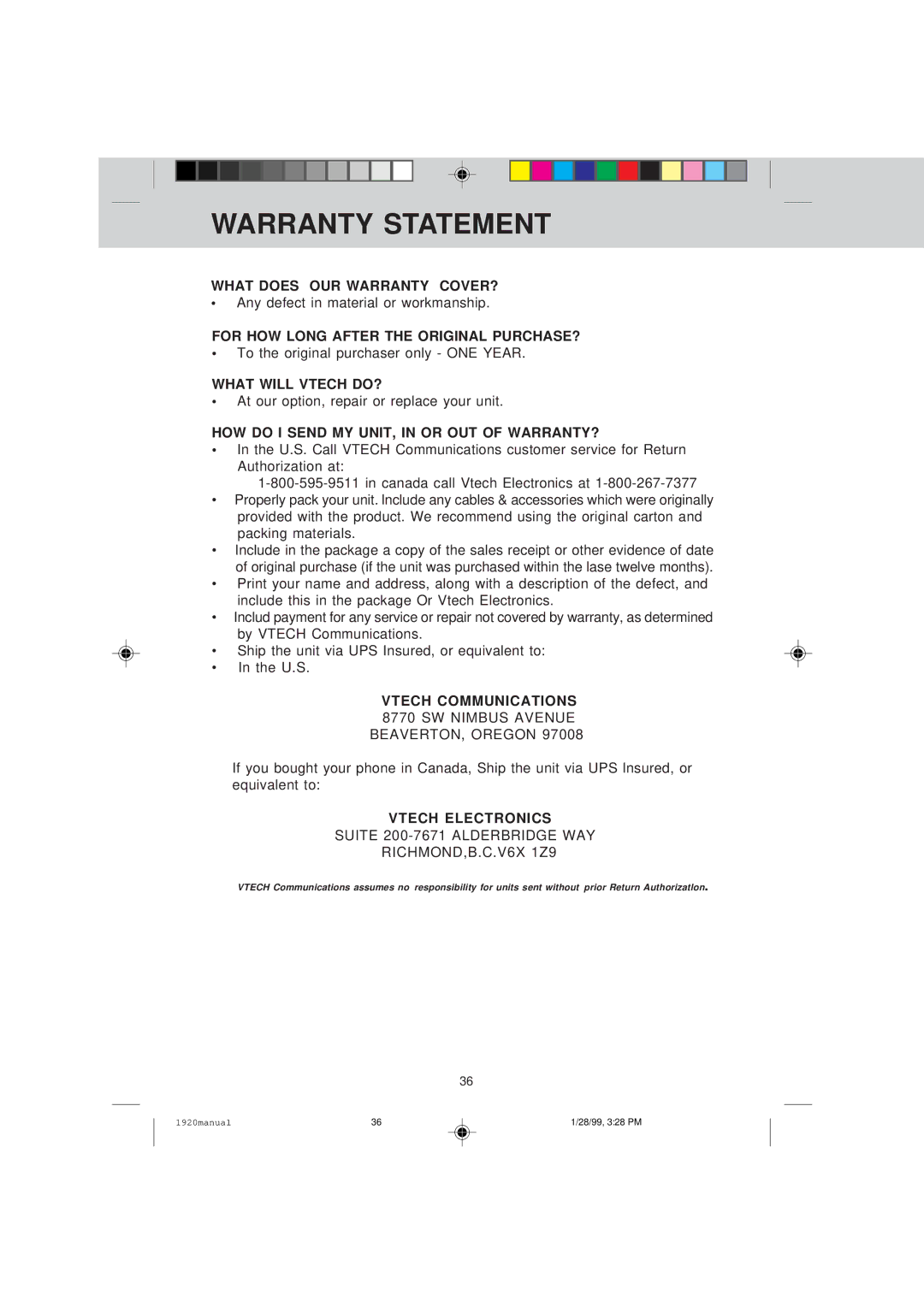 VTech VT 1920C manual Warranty Statement 