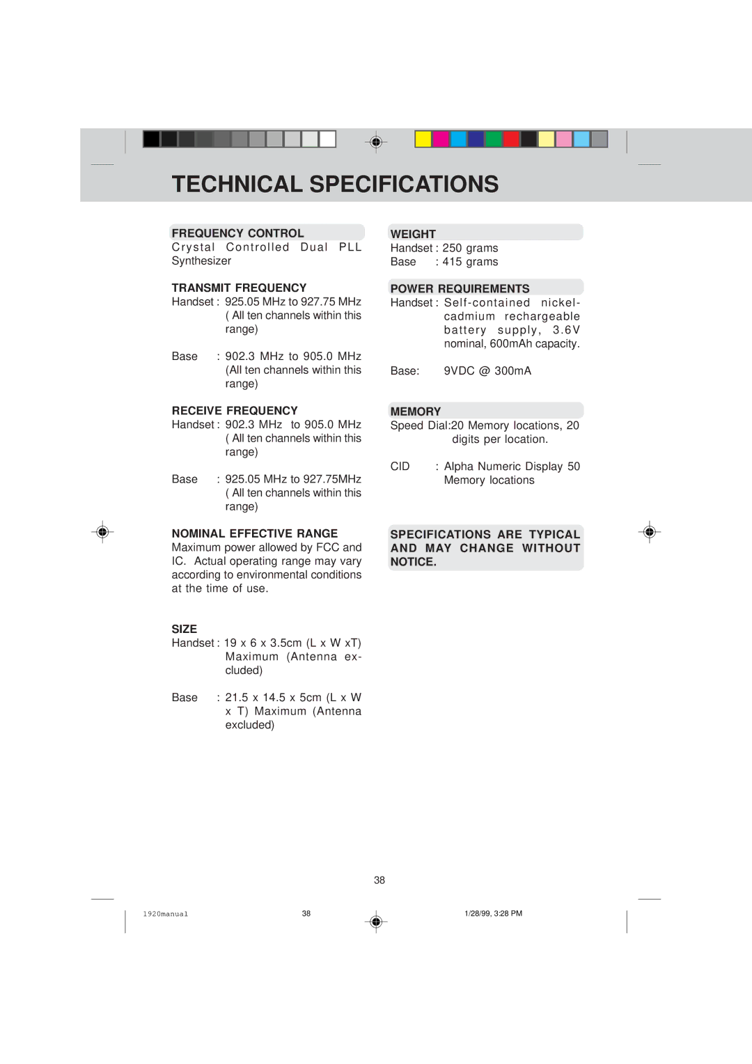 VTech VT 1920C manual Technical Specifications 
