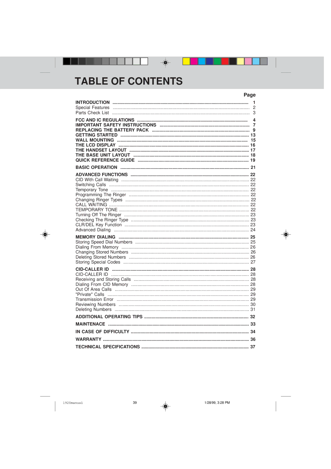 VTech VT 1920C manual Table of Contents 