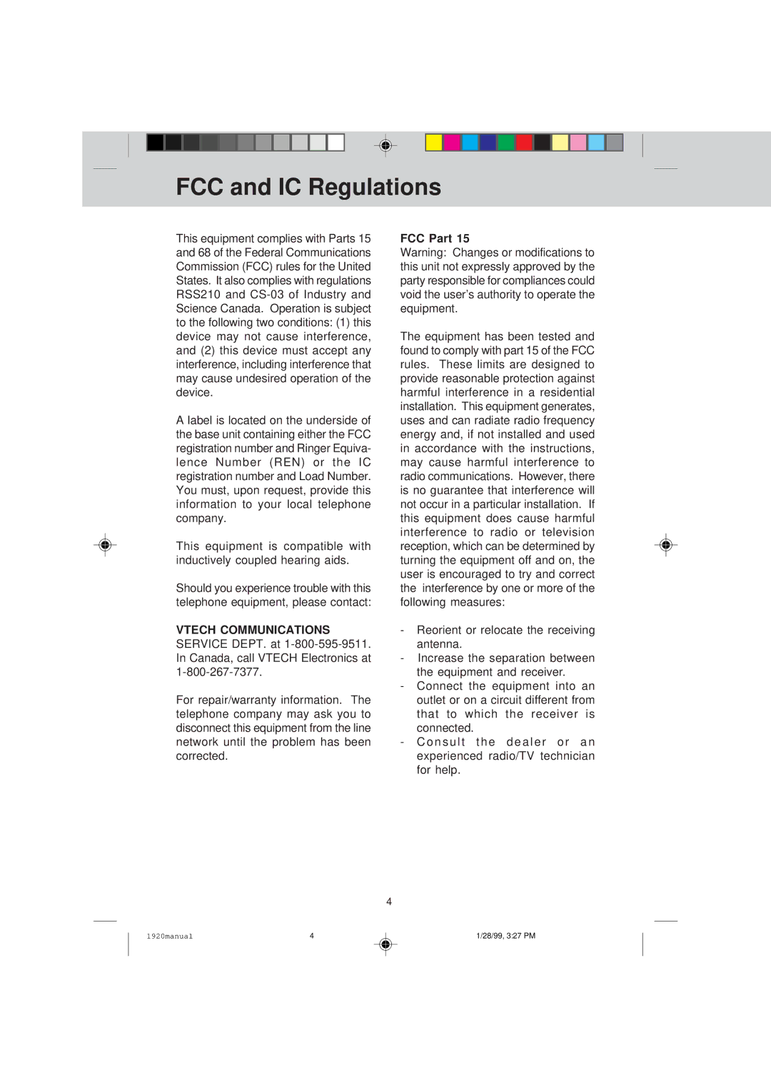 VTech VT 1920C manual FCC and IC Regulations, FCC Part 