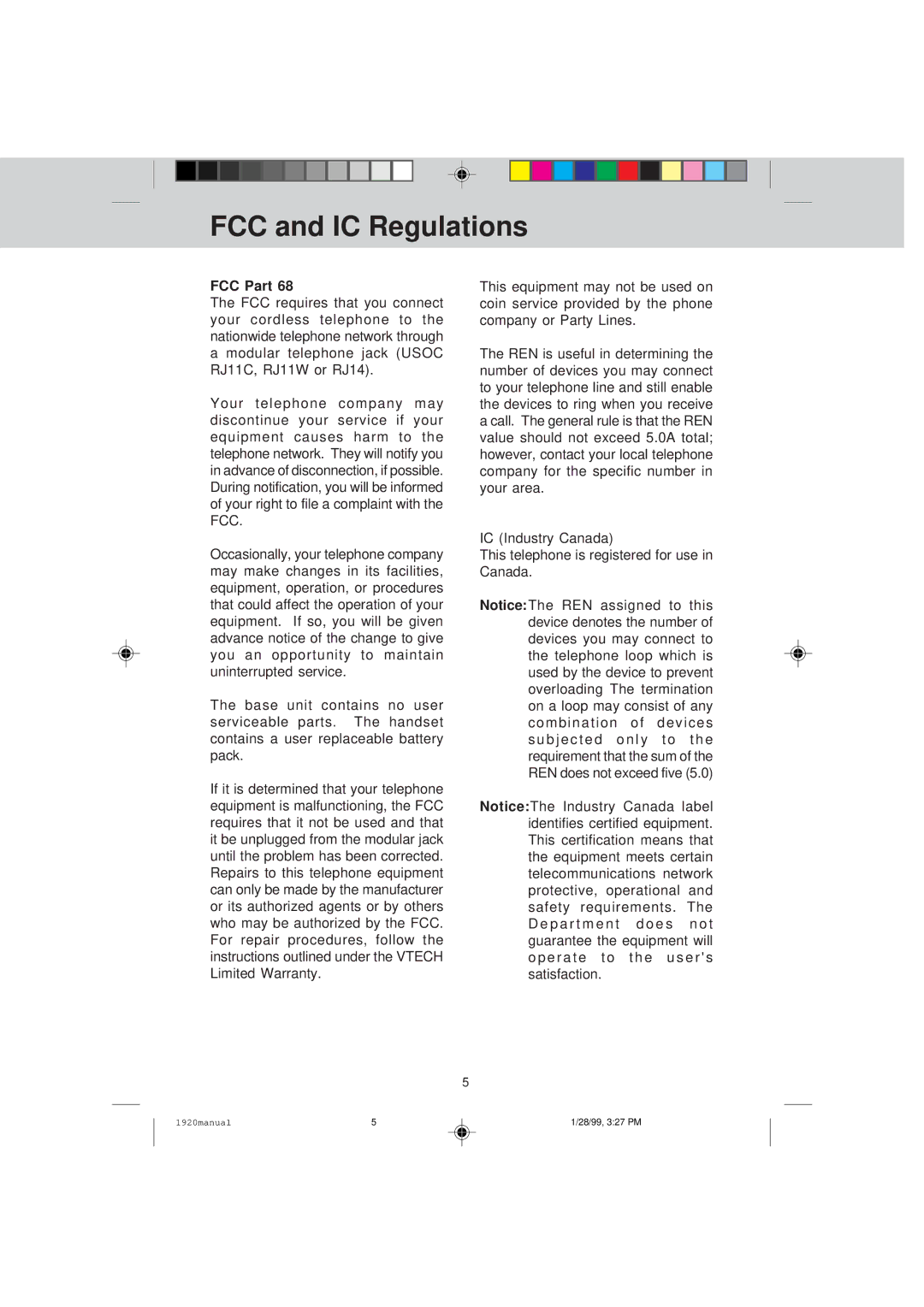 VTech VT 1920C manual FCC and IC Regulations 