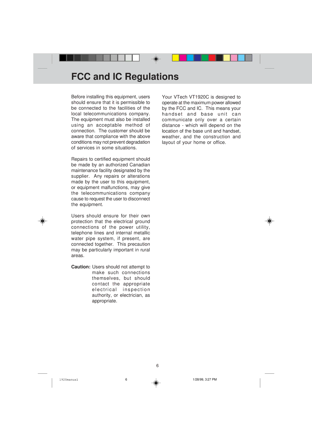 VTech VT 1920C manual FCC and IC Regulations 