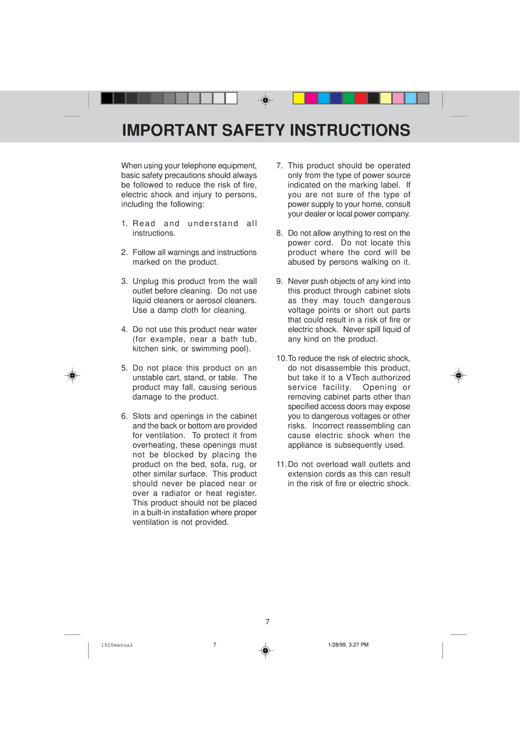 VTech VT 1920C manual Important Safety Instructions, E a d a n d u n d e r s t a n d a l l instructions 