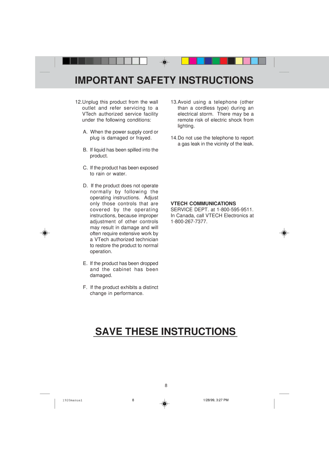 VTech VT 1920C manual Important Safety Instructions 