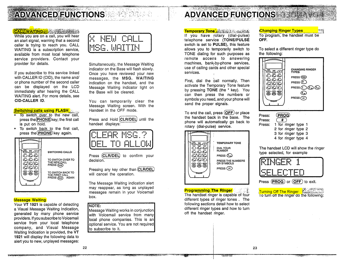 VTech VT 1921 manual Temporary,Toneh, Cid-Caller Id, To select a different ringer type do the following, Message Waiting 