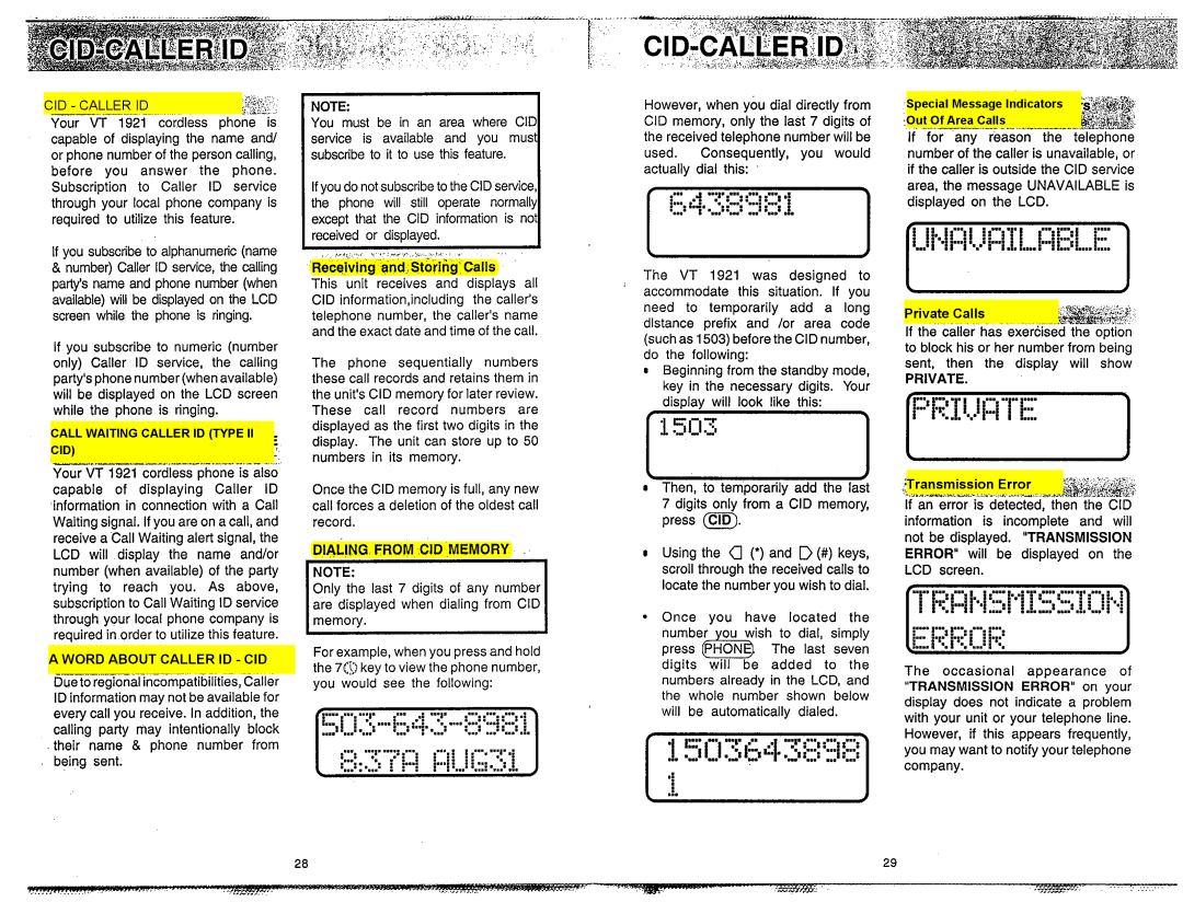 VTech VT 1921 manual Receiving and,storirig Calls, Private, Dialing from CID Memory 