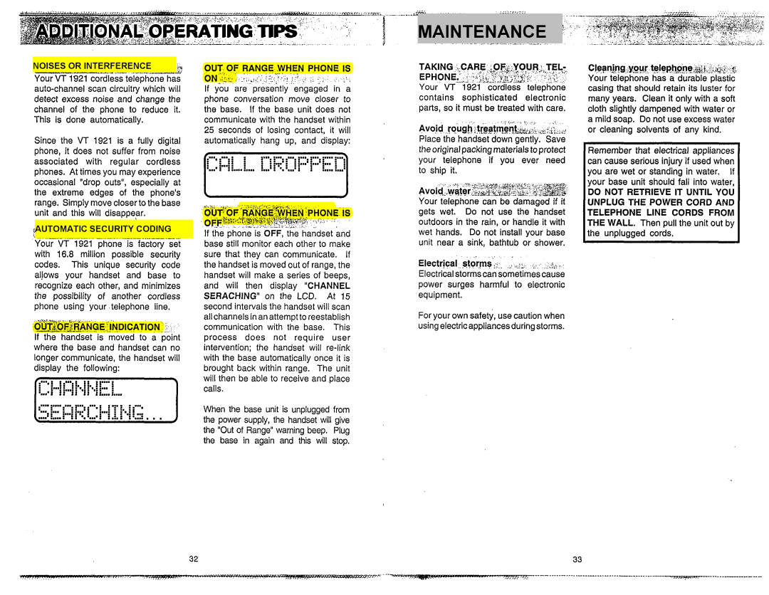 VTech VT 1921 manual OUT of Range When Phone is, ~E$&@!Jlereer~Ence&&~, Lcd, Taking .,CARE *OF.&.YO,URJ~TEL 