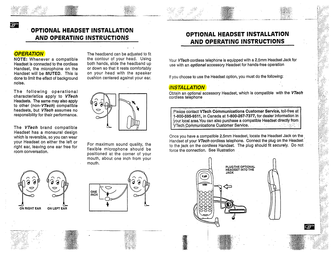 VTech VT 1921 manual Optional Headset Installation and Operating Instructions 