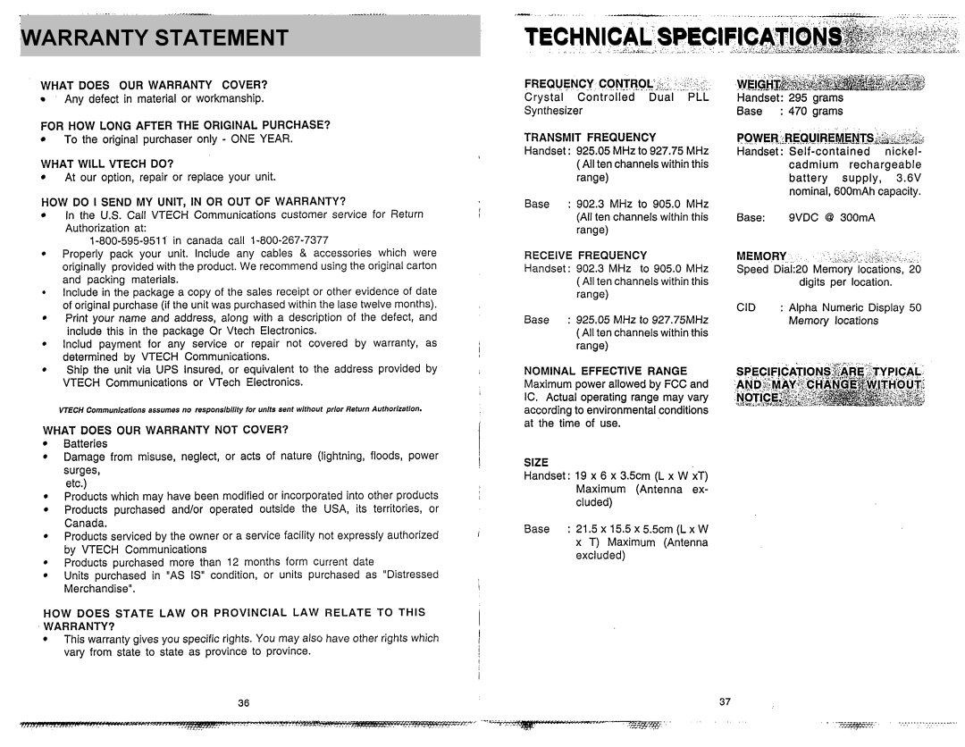 VTech VT 1921 What does OUR Warranty COVER?, For HOW Long After the Original PURCHASE?, What will Vtech DO?, Size, MEM0.R 