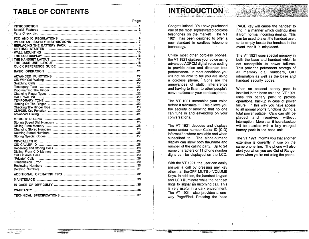 VTech VT 1921 manual Table of Contents 