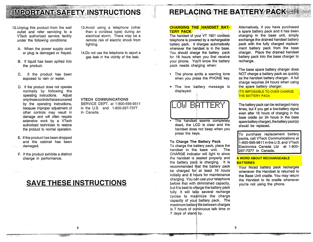 VTech VT 1921 Operating instructions. Adjust, Damaged, Vtech Communications, Service DEPT. at US . Canada, Cycles Charge 