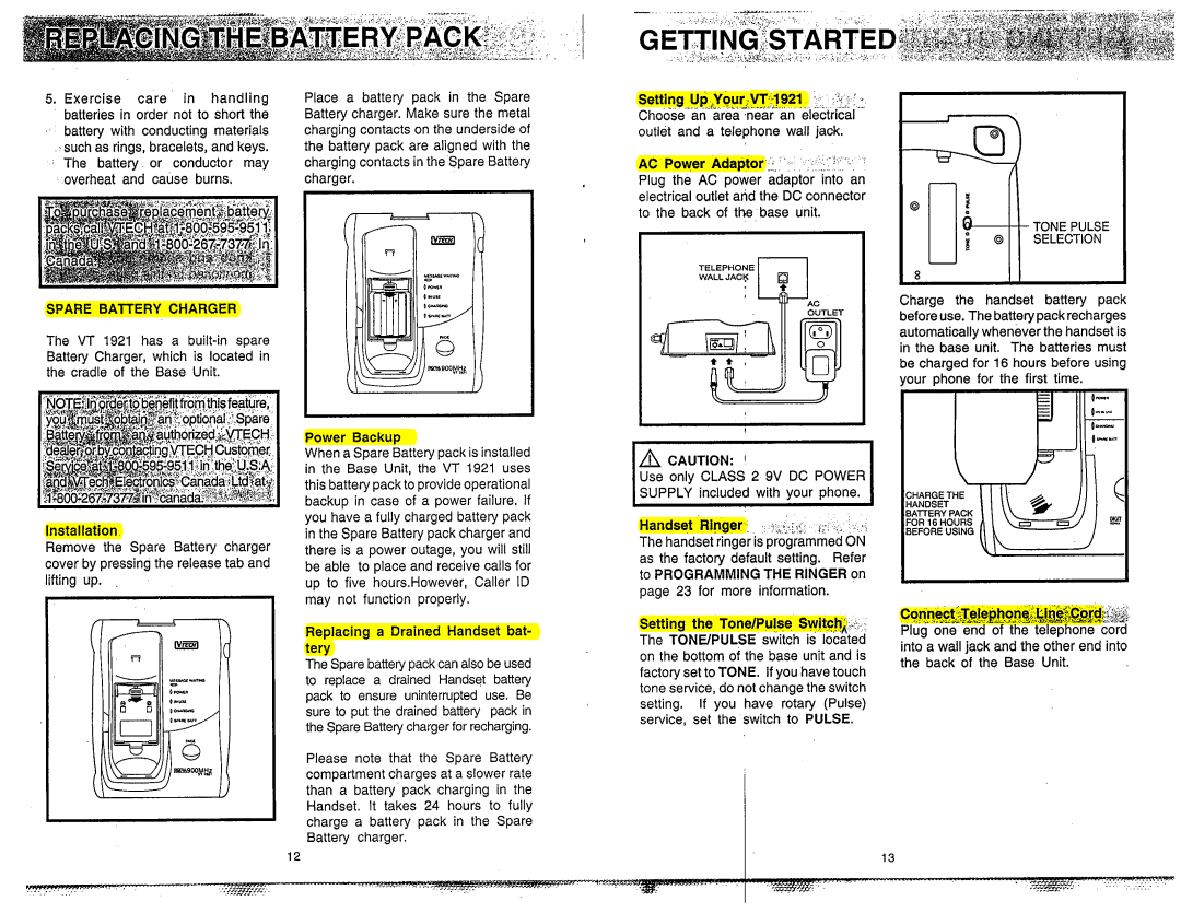 VTech VT 1921 manual Spare Battery Charger, Replacing a Drained Handset bat- tery, Handset Ringer 