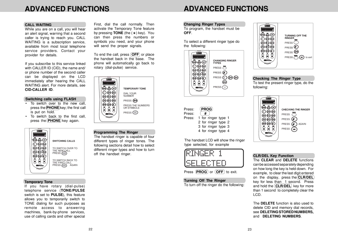 VTech VT 1922 manual Advanced Functions, Call Waiting, Cid-Caller Id 