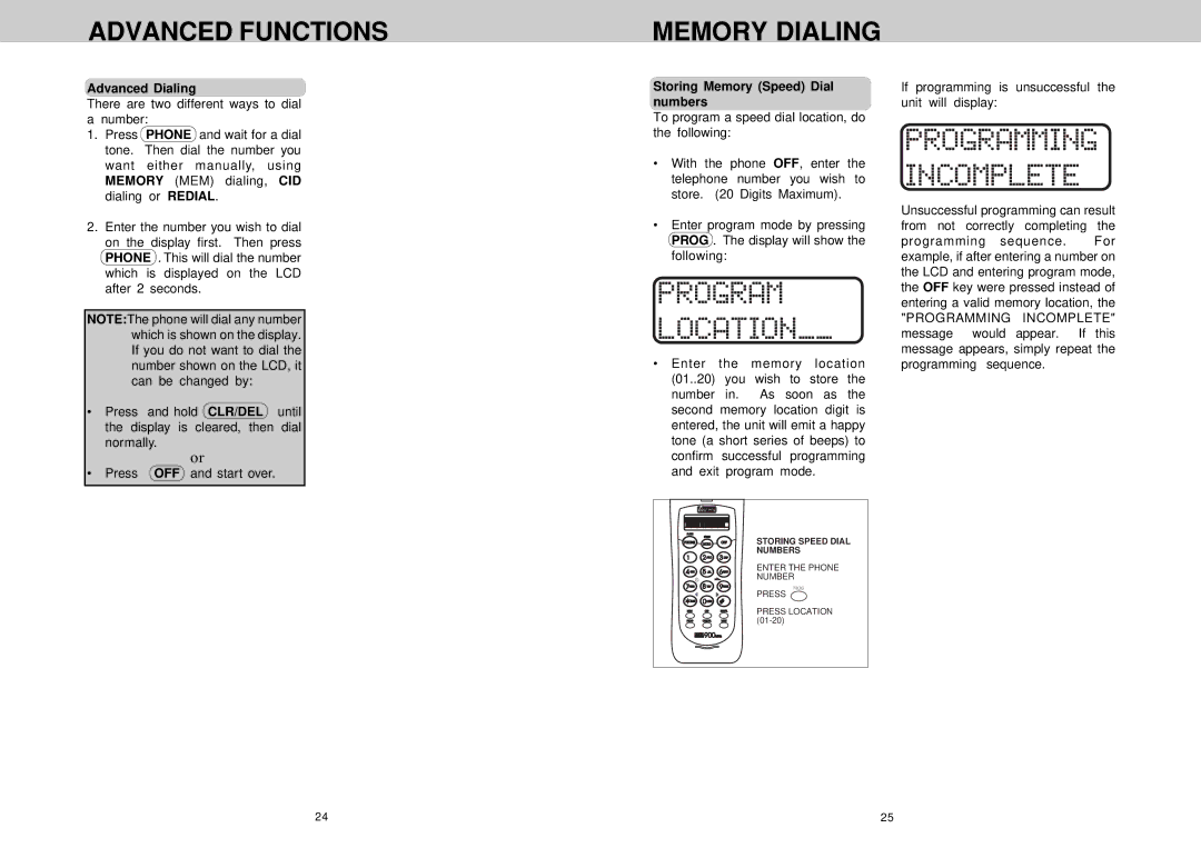 VTech VT 1922 manual Advanced Functions Memory Dialing, Advanced Dialing, Storing Memory Speed Dial numbers 