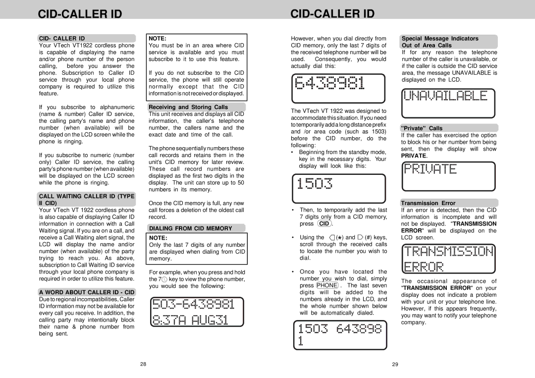 VTech VT 1922 manual Cid-Caller Id, CID- Caller ID, Private Call Waiting Caller ID Type II CID, Dialing from CID Memory 