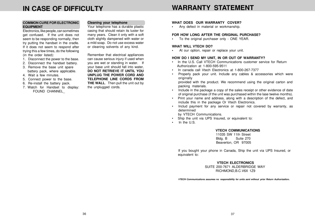 VTech VT 1922 Common Cure for Electronic Equipment, What does OUR Warranty COVER?, What will Vtech DO?, Vtech Electronics 