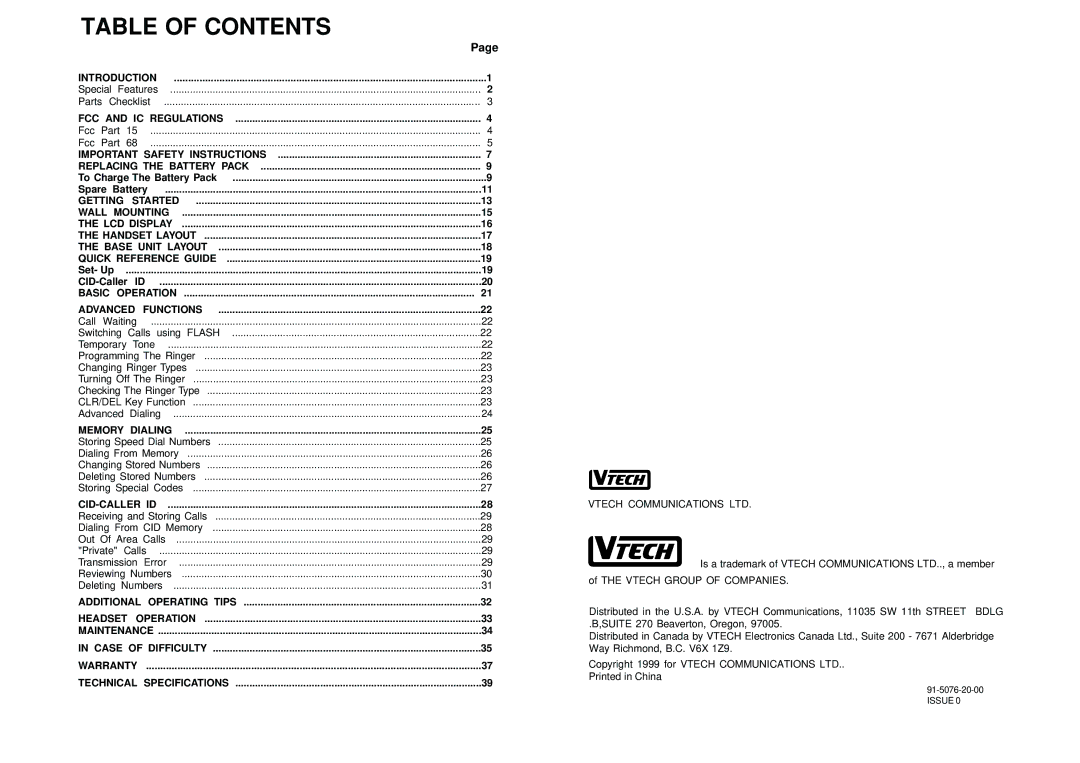 VTech VT 1922 manual Table of Contents 