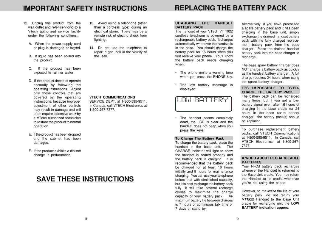 VTech VT 1922 manual Important Safety Instructions Replacing the Battery Pack, Charging the Handset Battery Pack 