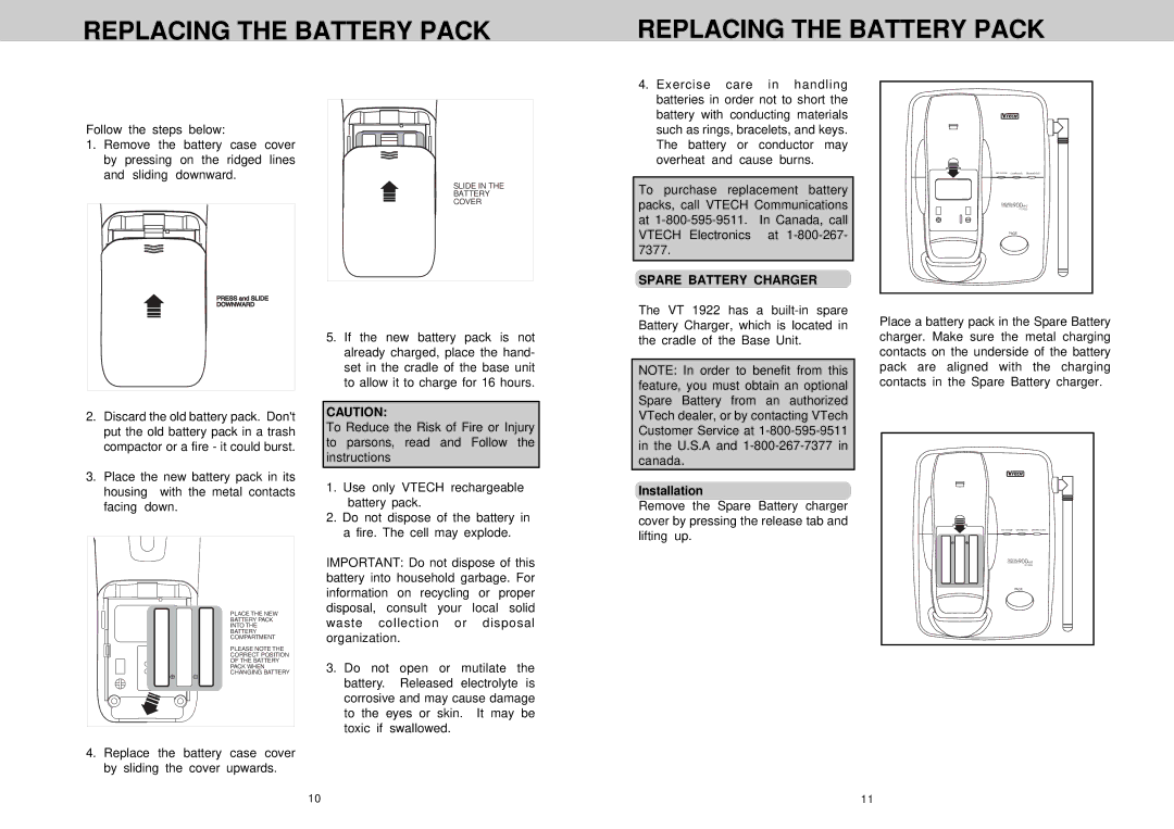 VTech VT 1922 manual Replace the battery case cover by sliding the cover upwards, Spare Battery Charger, Installation 